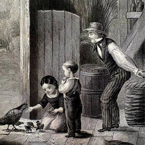 Chick Children Feeding Chickens Steel Engraving 1859 Victorian Farmhouse DWY5C